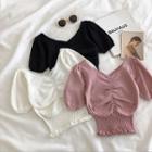 Plain V-neck Frilled Puff-sleeve Knit Top
