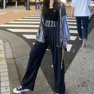 Long-sleeve Glitter Shirt / Lettering Pants / Plain Camisole