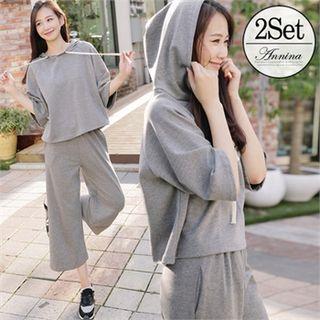 Set: 3/4-sleeve Hooded Top + Band-waist Pants