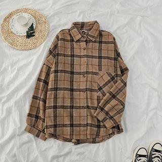 Check Long-sleeve Loose-fit Shirt Khaki - One Size
