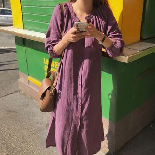 Long-sleeve Band Collar Midi Shirt Dress Purple - One Size
