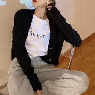 Plain Knit Cardigan / Lettering T-shirt