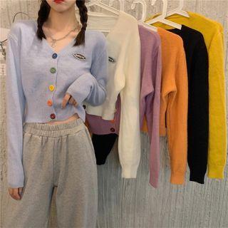 Letter Embroidered Color Block Button-up V-neck Cardigan