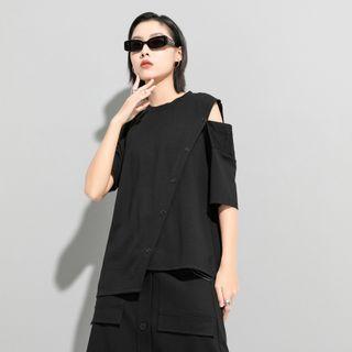 Round-neck Plain Button-up Oversize Split Top