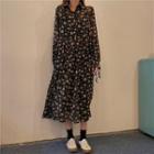 Long-sleeve Floral Print Midi Dress Floral - Black - One Size