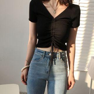 Plain Short-sleeve Drawstring Knit Top