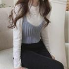 Set: Long-sleeve Dotted T-shirt + Chunky-knit Camisole Top