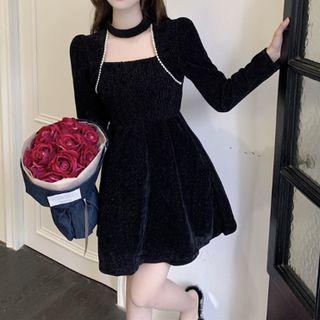 Choker-neck Long-sleeve A-line Velvet Dress
