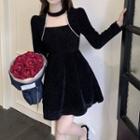 Choker-neck Long-sleeve A-line Velvet Dress