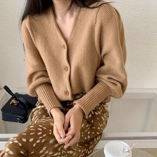 V-neck Puff Long-sleeve Cardigan/ Floral Skirt