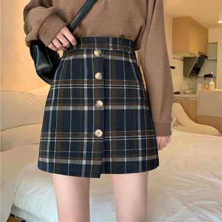 Plaid Button Woolen Semi Skirt