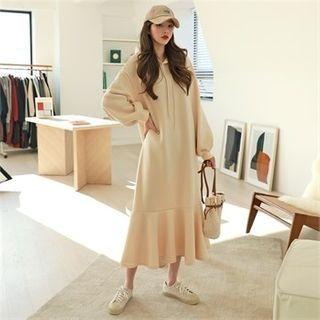 Ruffle-hem Maxi Hoodie Dress Black - One Size