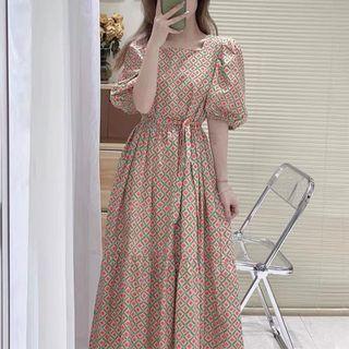 Puff Sleeve Square Neck Pattern A-line Dress