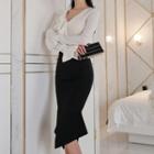 Long-sleeve Ruffled Top / Slit Fitted Skirt
