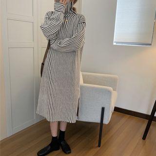 Turtleneck Striped Midi A-line Dress Black & White - One Size