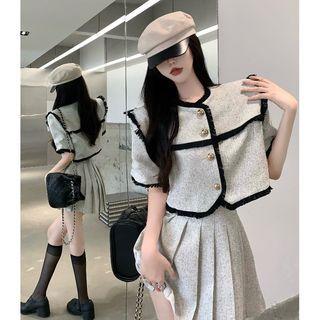 Set: Short-sleeve Top + High-waist Pleated Mini Skirt