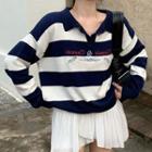 Striped Polo Sweatshirt / Pleated Mini Skirt
