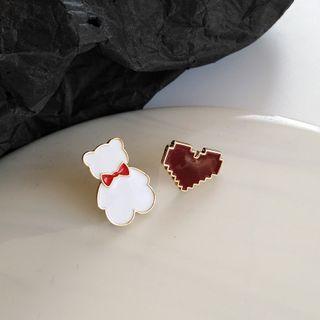 Bear & Heart Non-matching Ear Stud 1 Pair - As Shown In Figure - One Size