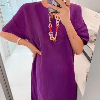 Slit-neckline Colored Linen Blend Dress
