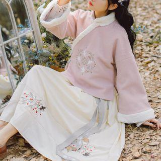 Fleece Trim Embroidered Top / Tie-waist Embroidered Midi Dress