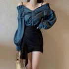 Off-shoulder Ruffled-trim Blouse / Asymmetric Mini Skirt