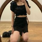 Plain Square-neck Short-sleeve Cropped Top / Skirt