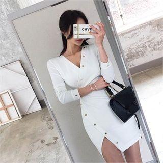 Metallic-button Wrap-front Sheath Dress