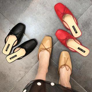 Bow-accent Faux Leather Square Toe Mules