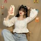 Long-sleeve Button-up Frill Trim Crop Top