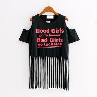 Fringe Hen Lettering Cold Shoulder Short-sleeve T-shirt