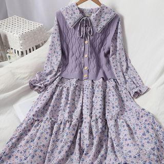 Set: Floral Print Long-sleeve Midi A-line Dress + Single-breasted Knit Vest