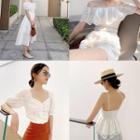 Eyelet Lace Off-shoulder Midi A-line Dress / Playsuit / Spaghetti Strap Peplum Top / Elbow-sleeve Blouse