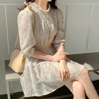 Elbow-sleeve Frilled Crochet Dress Beige - One Size