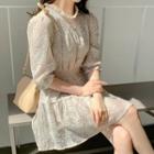 Elbow-sleeve Frilled Crochet Dress Beige - One Size