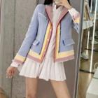 Fringed Trim Color Block Blazer / Pleated Mini Shirtdress