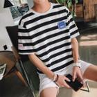 Applique Striped Elbow-sleeve T-shirt