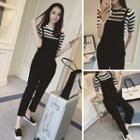 Set: Striped Short Sleeve Knit T-shirt + Cropped Pinafore Jumpsuit