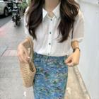 Short-sleeve Shirt / Floral Print Midi Shift Skirt
