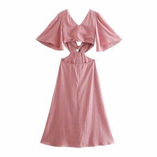 Short-sleeve Tie-front Cutout Midi A-line Dress