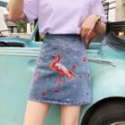 Flamingo Embroidered Denim Mini A-line Skirt