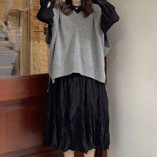 Long-sleeve Plain Smocked Long Dress / Oversize Plain Knit Vest