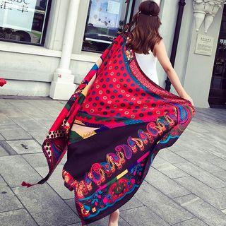 Patterned Tassel Shawl Red - One Size