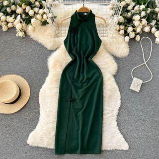 Sleeveless Frog Button Midi Sheath Dress