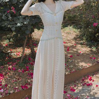 Collared Lace Short-sleeve Midi A-line Dress