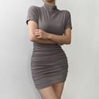 Short-sleeve Mock-neck Knit Mini Bodycon Dress
