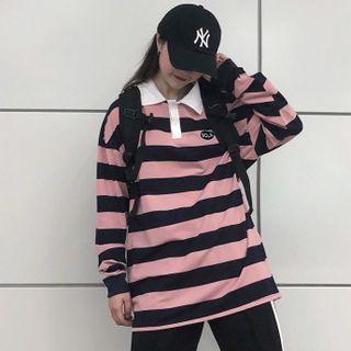 Long-sleeve Logo Striped Polo Shirt Stripes - Pink - One Size