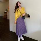 Long-sleeve Drawstring Knit Top / High-waist Floral Skirt