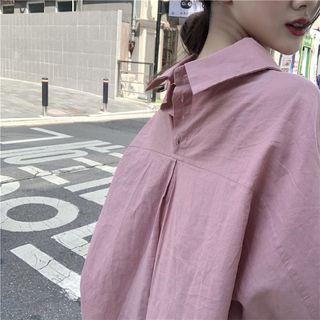 Plain Long-sleeve Loose-fit Shirt Pink - One Size
