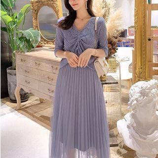 Set: Spaghetti-strap Mesh Pleated Dress + Drawstring Lace Knit Top