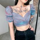 Puff-sleeve Glitter Cropped Top